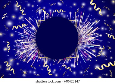 Vector background from the fireworks and gold ribbons.