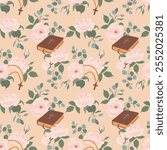 Vector background of first communion symbols. Bible, rosary, white roses and crucifix. Seamless pattern with Christian symbols. Clipart for holiday invitations.