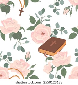 Vector background of first communion symbols. Bible, rosary, white roses and crucifix. Seamless pattern with Christian symbols. Clipart for holiday invitations.