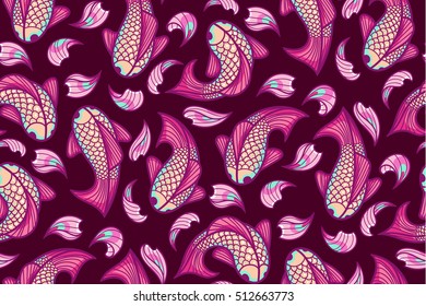 Vector background with fishes and flower petals, seamless pattern