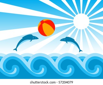 vector background with fishes playing with beach ball