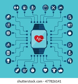 vector background of fitness application and mobile device with track displayed connected to cloud service data export 