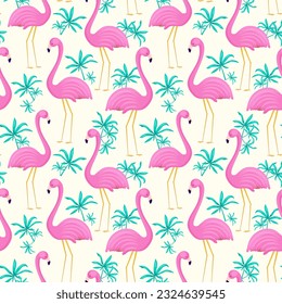 Vector background with flamingo. Summer seamless pattern of flamingo and tropical leaves. 