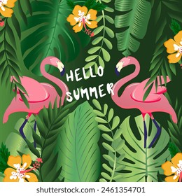 vector background with flamingos, tropical leaves and flowers png