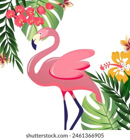 vector background with flamingos, tropical leaves and flowers png on a transparent background