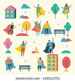 Vector background in flat design with different Superheroes