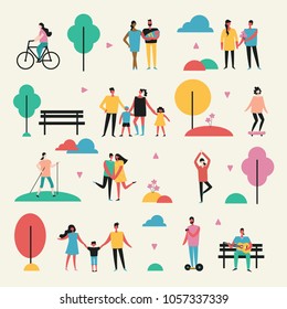 Vector background in flat design of group people and families outdoor in the park on weekend