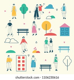Vector background in flat design of group people and families outdoor in the park on weekend