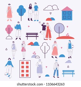 Vector background in flat design of group people and families outdoor in the park on weekend