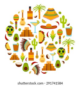 Vector background with flat objects on Mexico theme: sombrero, poncho, tequila, coctails, taco, skull, guitar, pyramid, avocado, lemon, chilli pepper, cactus, injun hat, palm. Travel concept. National