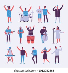 Vector background in a flat style of group of singing, playing guitar, drums, piano, saxophone and other music instrument people