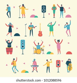 Vector background in a flat style of group of singing and playing music instrument people
