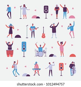 Vector background in a flat style of group of singing, playing guitar, drums, piano, saxophone and other music instrument people