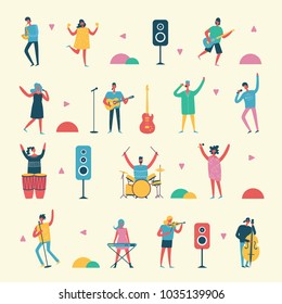 Vector background in a flat style of group of singing and playing music instrument people