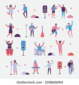 Vector background in a flat style of group of singing and playing music instrument people