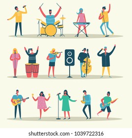 Vector background in a flat style of group of singing, playing guitar, drums, piano, saxophone and other music instrument people