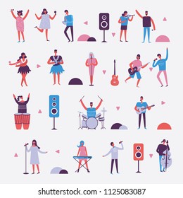 Vector background in a flat style of group of singing, playing guitar, drums, piano, saxophone and other music instrument people