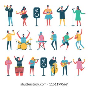 Vector background in a flat style of group of singing, playing guitar, drums, piano, saxophone and other music instrument people