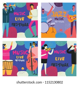 Vector background in a flat style of group of singing, playing guitar, drums, piano, saxophone and other music instrument people