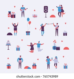 Vector background in a flat style of group of happy best friends celebrating birthday at the party