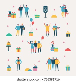 Vector background in a flat style of group of happy best friends celebrating birthday at the party