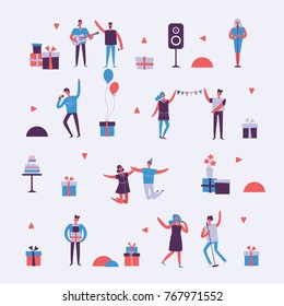 Vector background in a flat style of group of happy best friends celebrating birthday party