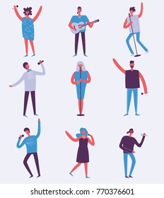Vector background in a flat style of group of singing, playing guitar people