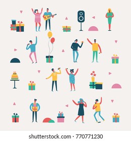 Vector background in a flat style of group of happy best friends celebrating birthday party