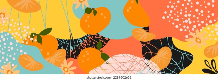 Fondo vectorial con tangerinas planas y elementos abstractos. Fondo de color de mano con texturas