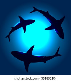 Vector background with floating sharks.