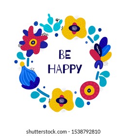 Vector background with floral composition. Frame of abstract hand drawn colorful flowers with different textures. Applique. Freehand style. Design for card, packaging, invitation, banner, cover