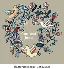 vector  background with floral garland and flying birds