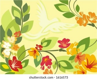 Vektorhintergrund mit Blumenverzierungen und einem exotischen Vogel.