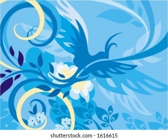 Vector background with floral ornaments and an exotic bird.