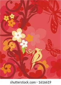 Vector background with floral ornaments and an exotic bird.