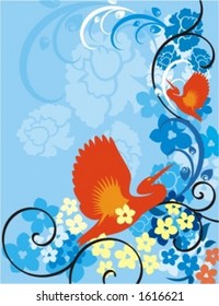 Vector background with floral ornaments and an exotic birds.