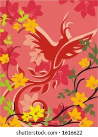 Vector background with floral ornaments and an exotic bird.