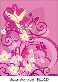 Fondo vectorial con adornos florales y un pájaro exótico.