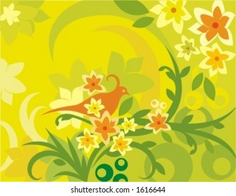 Vector background with floral ornaments and an exotic bird.