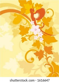 Vector background with floral ornaments and an exotic bird.