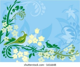 Vector background with floral ornaments and an exotic birds.