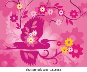 Vector background with floral ornaments and an exotic bird.