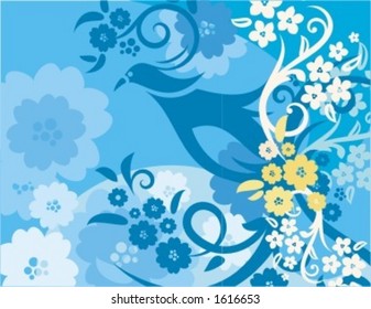 Vektorhintergrund mit Blumenverzierungen und einem exotischen Vogel.