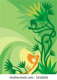 Vector background with floral ornaments and an exotic birds.