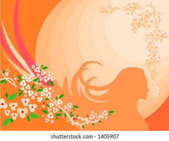 Vector background with floral ornaments and woman.