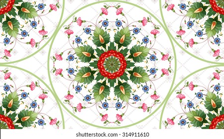 Vector background. Floral round ukrainian pattern in the style of Petrykivka painting and background with ornament similar to embroidery.