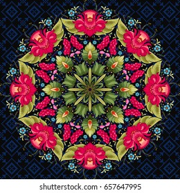 Vector background. Floral round ukrainian pattern in the style of Petrykivka painting and  dark background with ornament similar to embroidery.