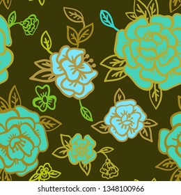 Vector background. Floral seamless pattern made of cartoon roses, buds and leaves. Vintage style.