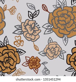 Vector background. Floral seamless pattern made of cartoon roses, buds and leaves. Vintage style.