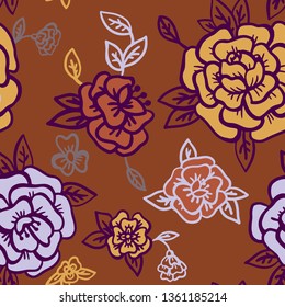 Vector background. Floral seamless pattern made of cartoon roses, buds and leaves. Vintage style.